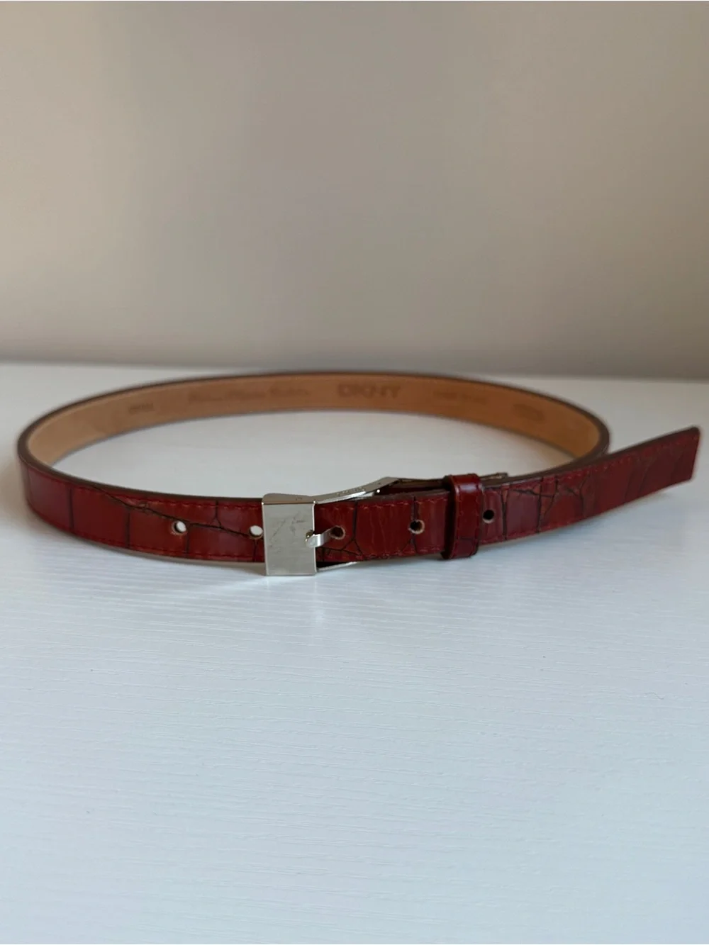 Vintage DKNY Embossed Red Calf Leather Belt Silver Buckle USA Ladies Small